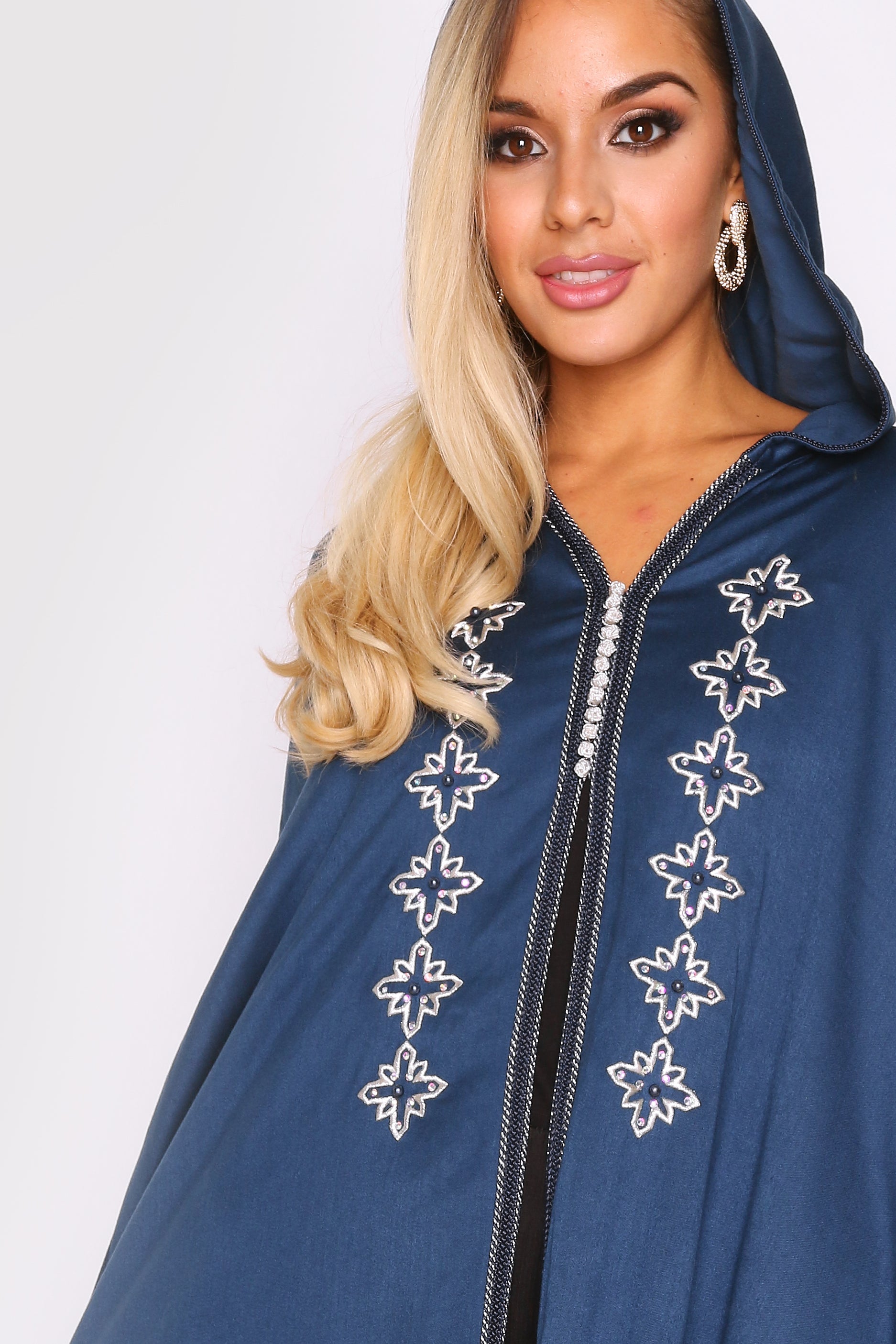 Selham Ismahan Embroidered Full-Length Lightweight Hooded Cape Jacket Cover Up in Navy Blue