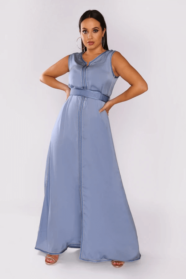 Lebssa Daniella Two-Piece Layered Long Sleeve Long Maxi Dress and Belt in Print