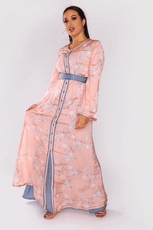 Lebssa Daniella Two-Piece Layered Long Sleeve Long Maxi Dress and Belt in Print