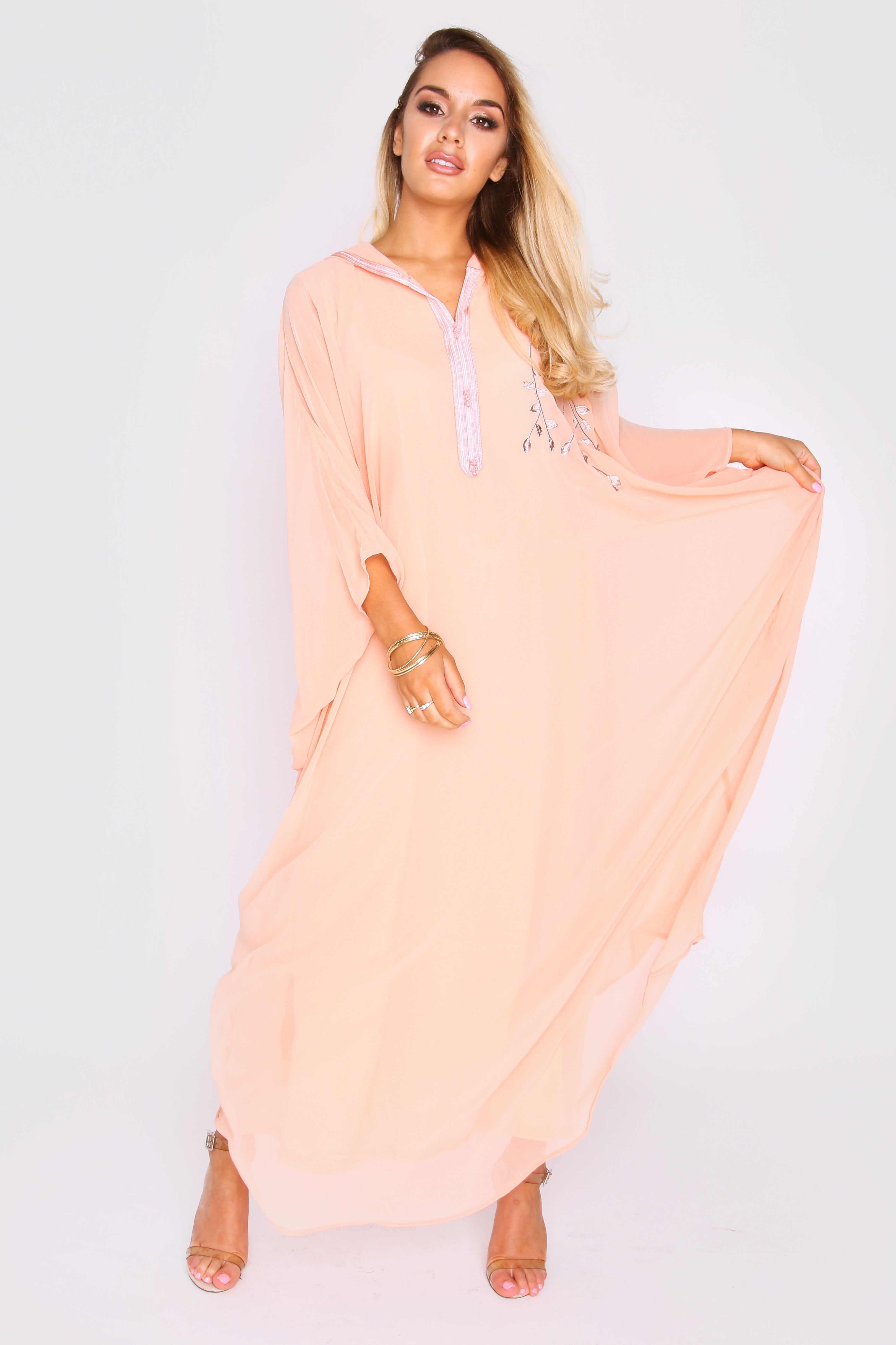 Djellaba Natalie Embroidered Long Sleeve Lightweight Hooded Maxi Dress in Salmon