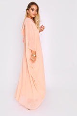 Djellaba Natalie Embroidered Long Sleeve Lightweight Hooded Maxi Dress in Salmon