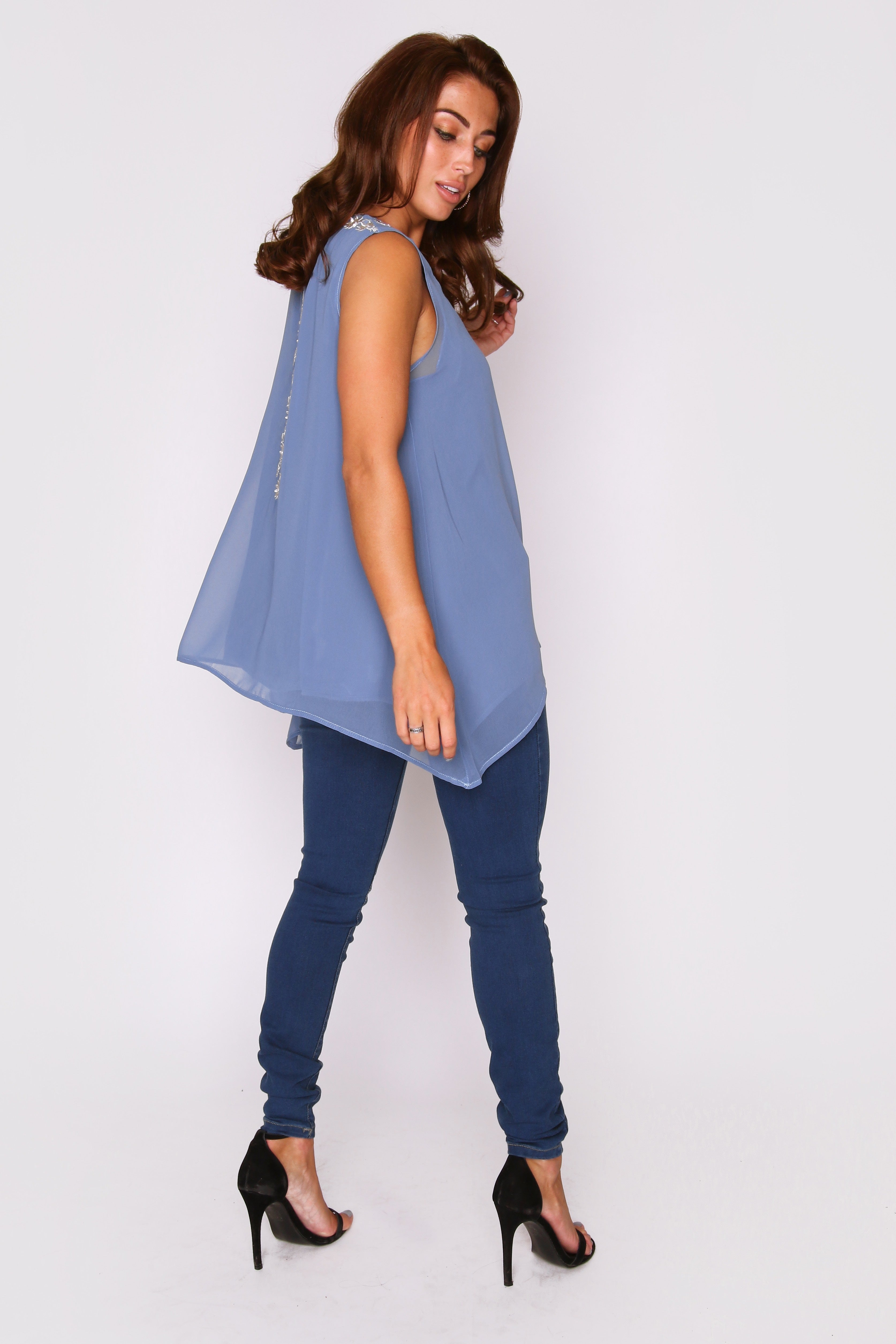 Selena Sleeveless Embroidered V-Neck Longline Assymetric Hem Lightweight Top in Blue