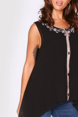Selena Sleeveless Embroidered V-Neck Longline Assymetric Hem Lightweight Top in Black