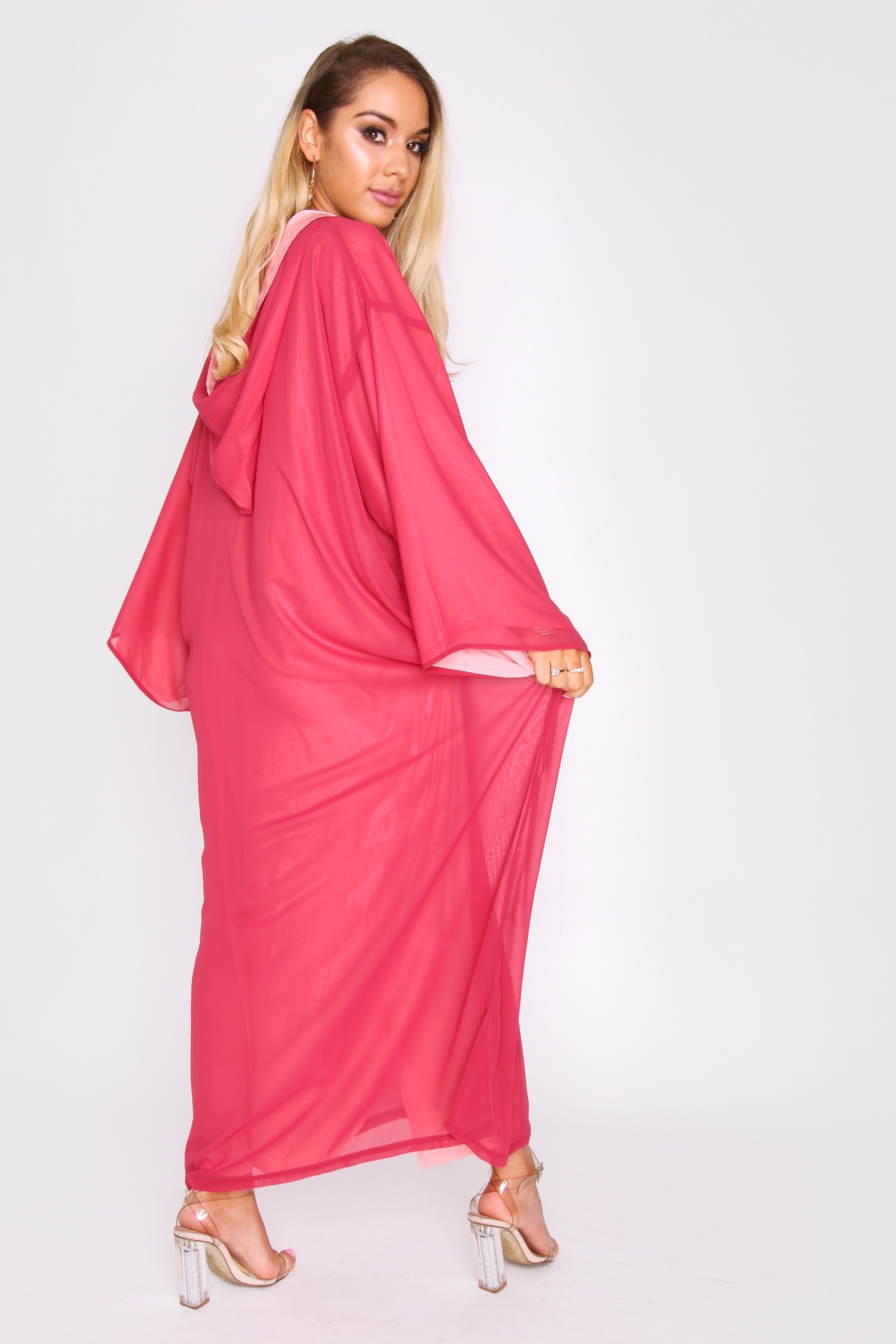Djellaba Kmiss Basma Oversized Contrast Lining Hooded V-Neck Maxi Dress inåÊRaspberry