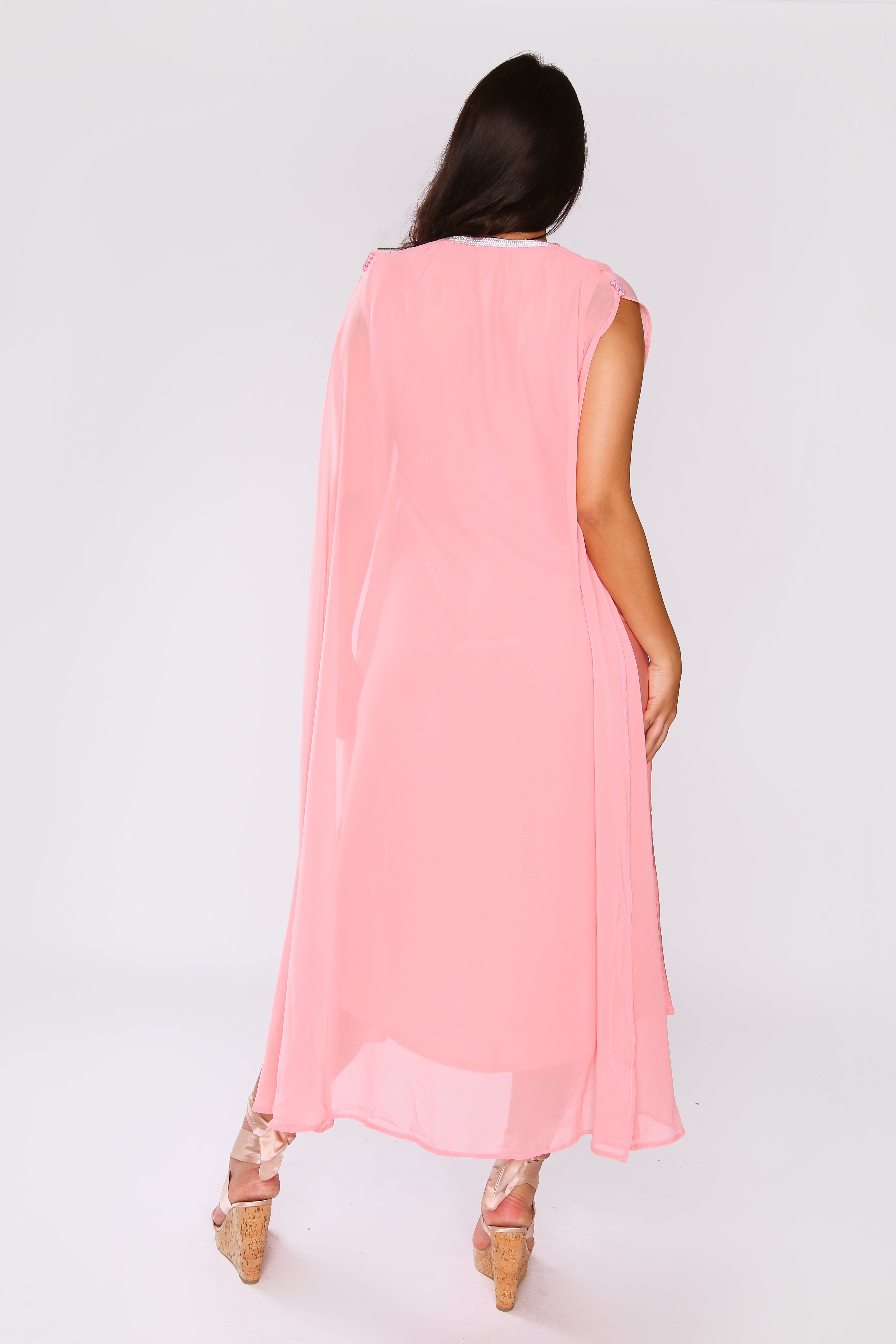 Kaftan Ambre Split Sleeve Layered Maxi V-Neck Crystal Dress in Pink