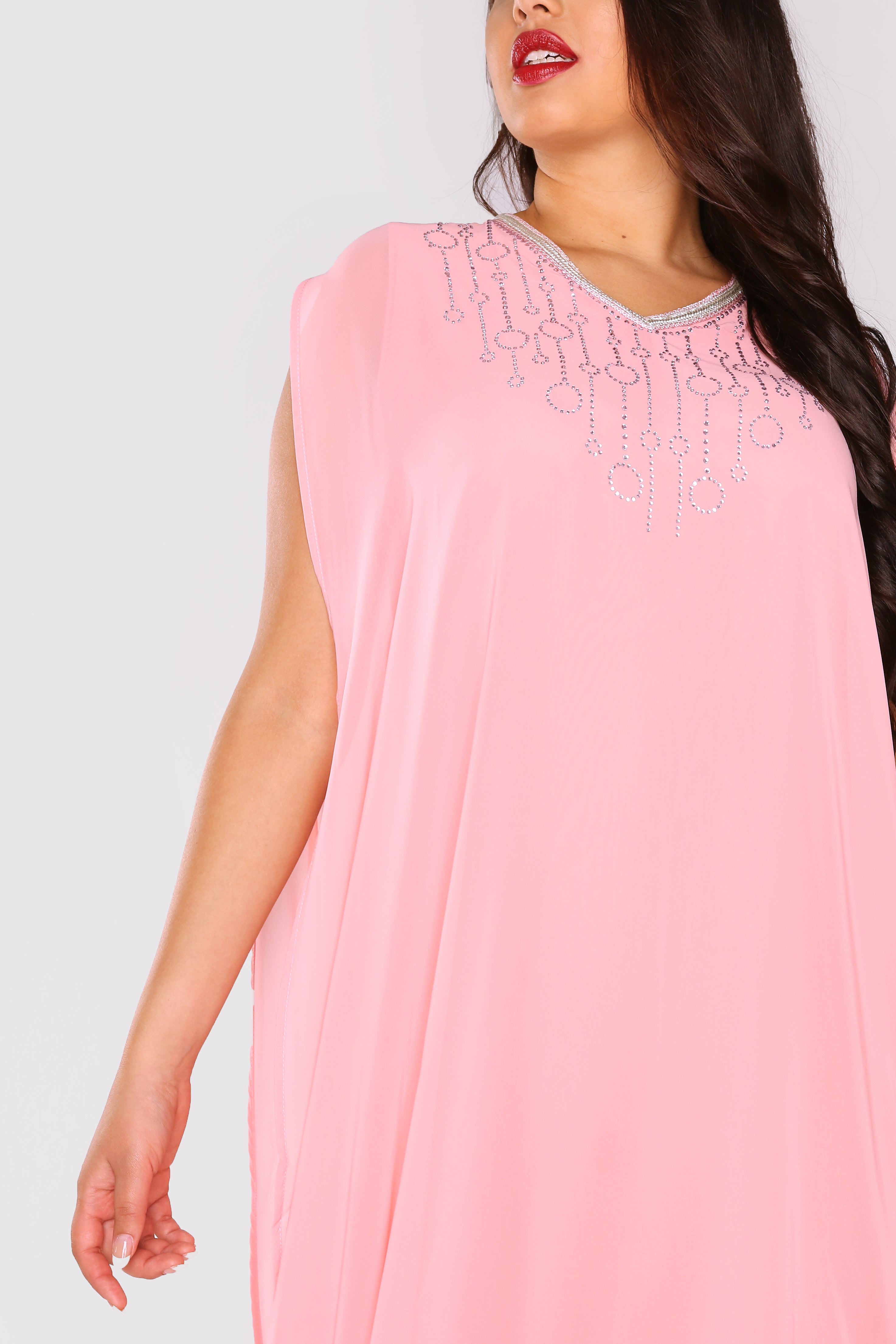 Kaftan Ambre Split Sleeve Layered Maxi V-Neck Crystal Dress in Pink