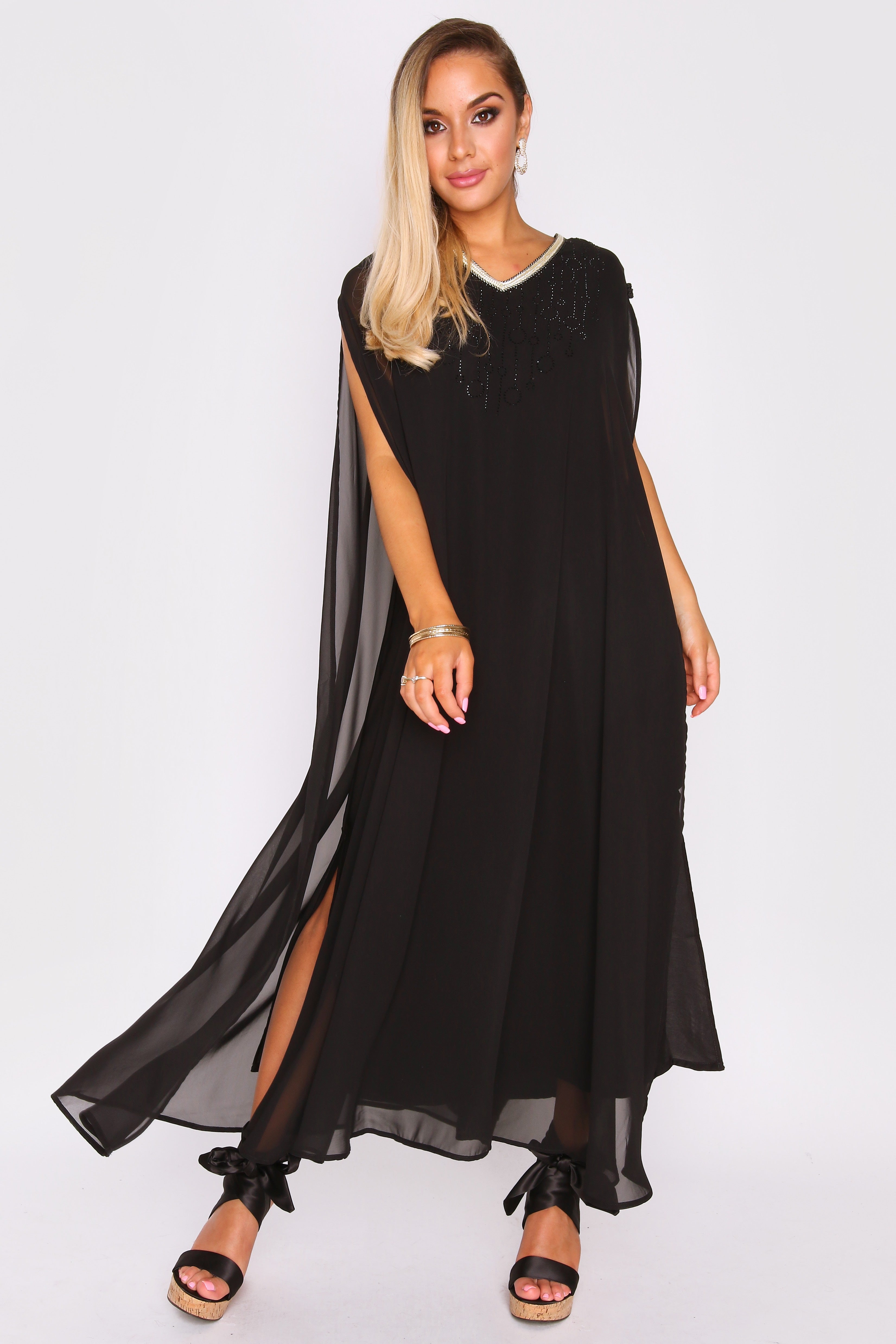 Kaftan Ambre Split Sleeve Layered Maxi V-Neck Crystal Dress in Black