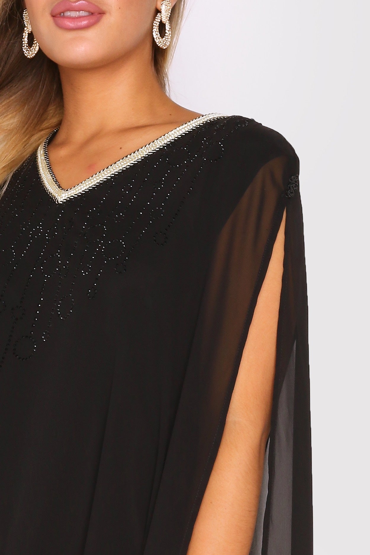 Kaftan Ambre Split Sleeve Layered Maxi V-Neck Crystal Dress in Black