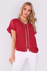 Sabah Short Sleeve V-Neck Embroidered Top in Raspberry