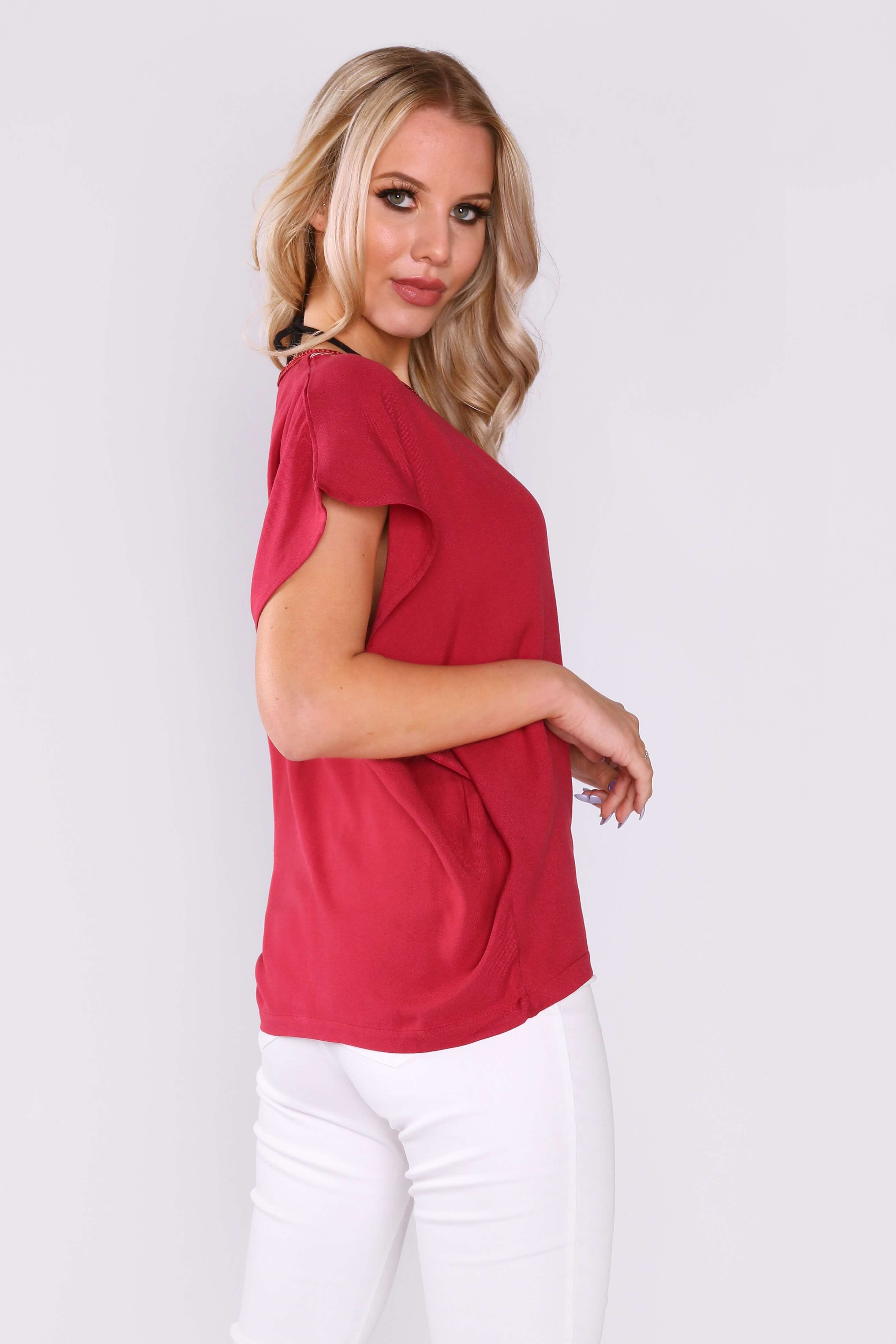 Sabah Short Sleeve V-Neck Embroidered Top in Raspberry