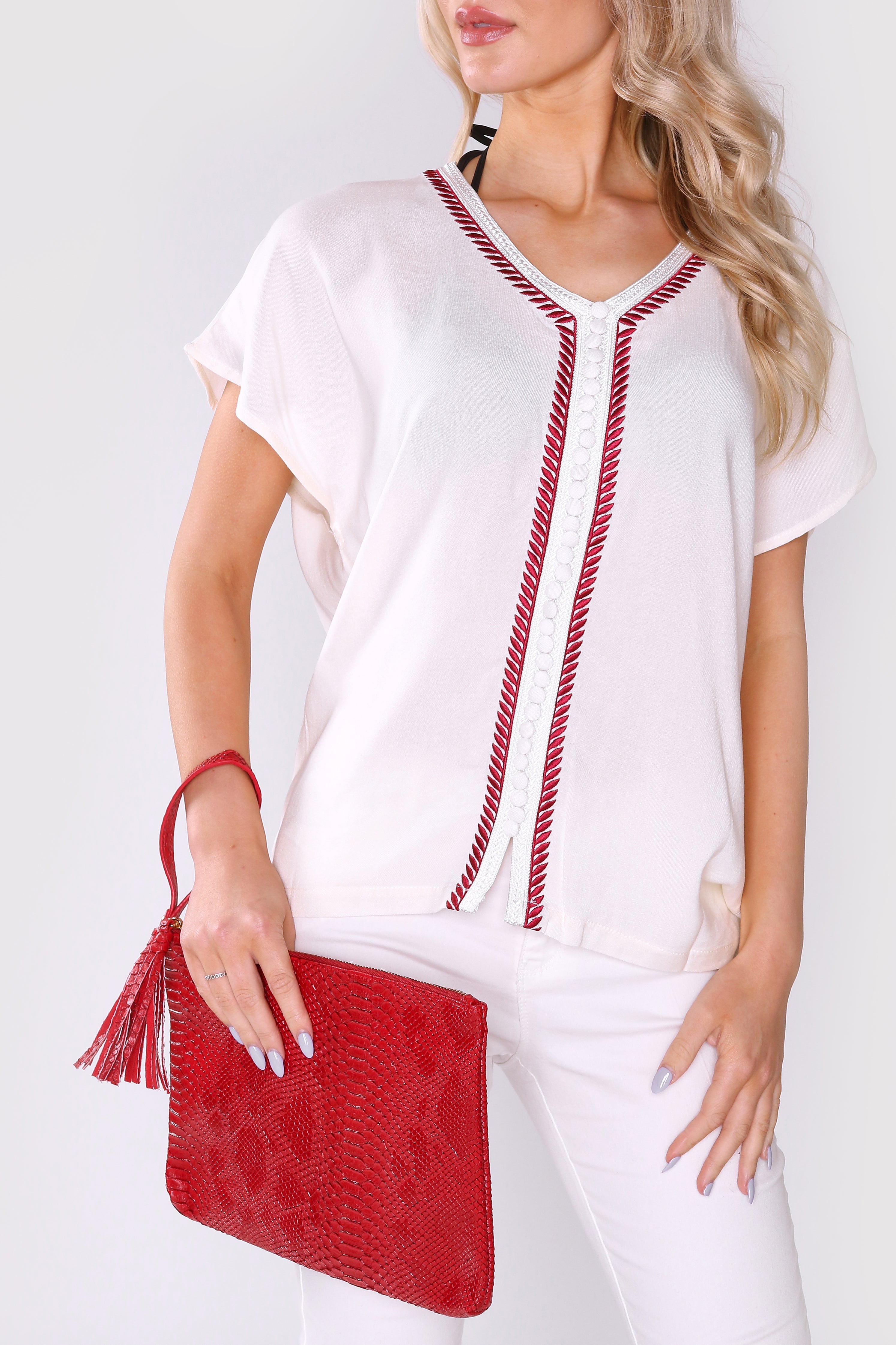 Sabah Short Sleeve Contrast Embroidery Casual V-Neck Tunic Top in White