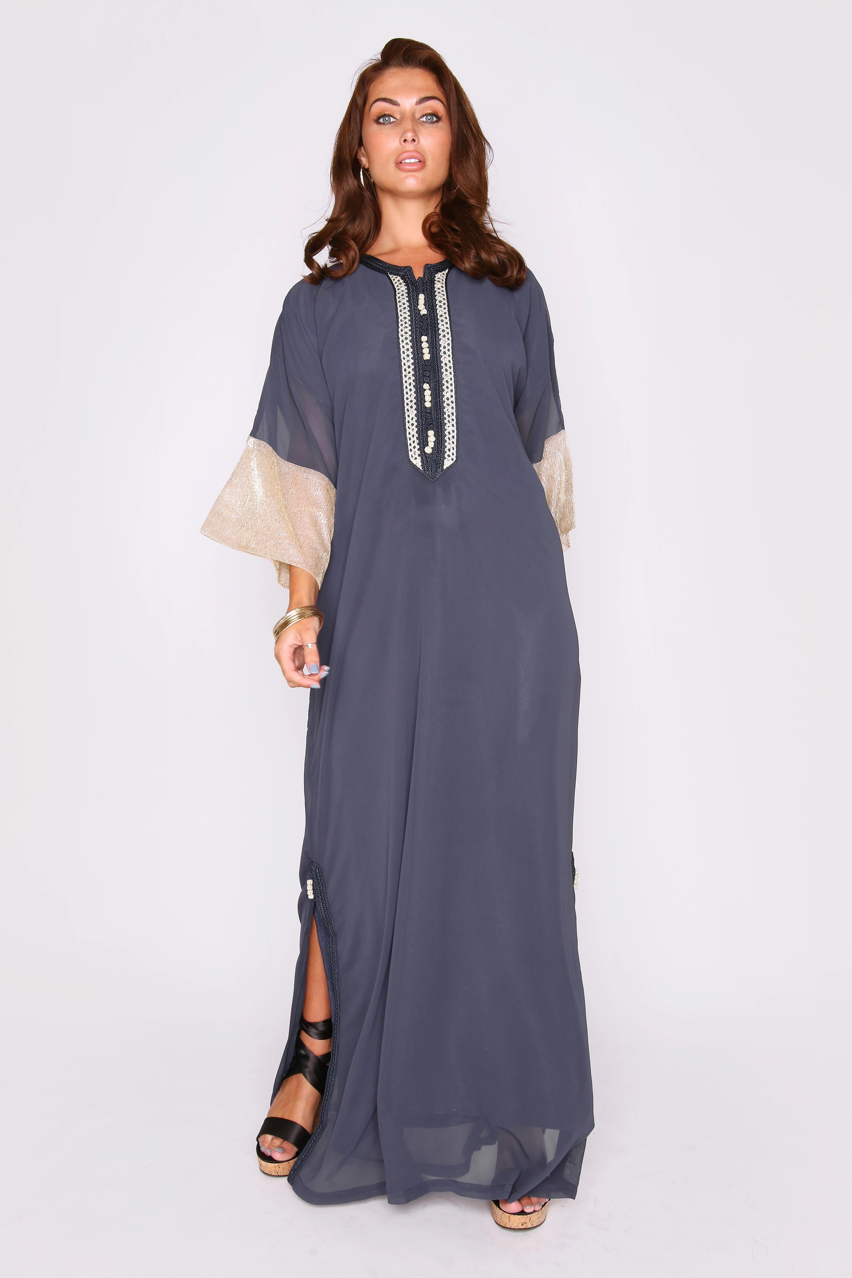 Kaftan Mina Metallic Cropped Sleeve Long Maxi Dress in Marine Blue