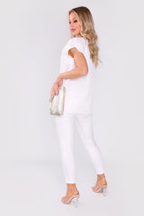 Amira Short Sleeved Casual Embroidered & Crystal Top in White