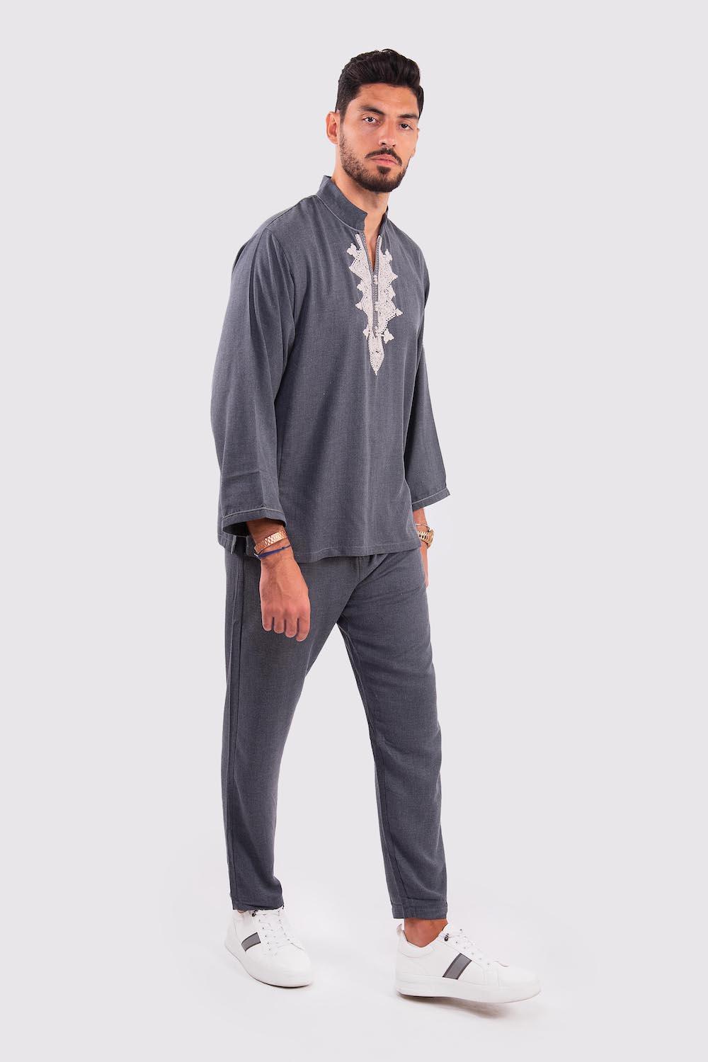 Azhar Men's 2-Piece Jabador Top & Trousers Set in Grey