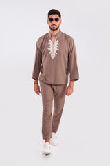 Azhar Men's 2-Piece Jabador Top & Trousers Set in Beige
