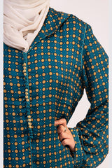 Djellaba Belkis Hooded Print Maxi Dress Kaftan in Teal Print
