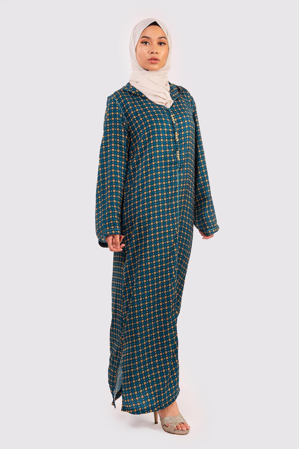 Djellaba Belkis Hooded Print Maxi Dress Kaftan in Teal Print