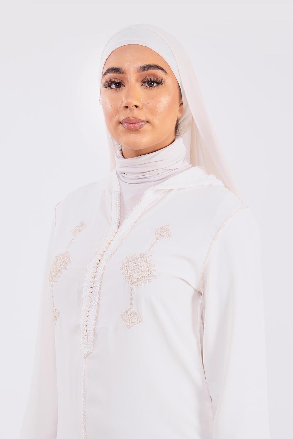 Djellaba Ouarda Hooded Embroidered Maxi Dress Kaftan in Ecru