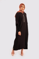 Djellaba Hilal Cropped Sleeve Hooded Maxi Dress Kaftan in Black