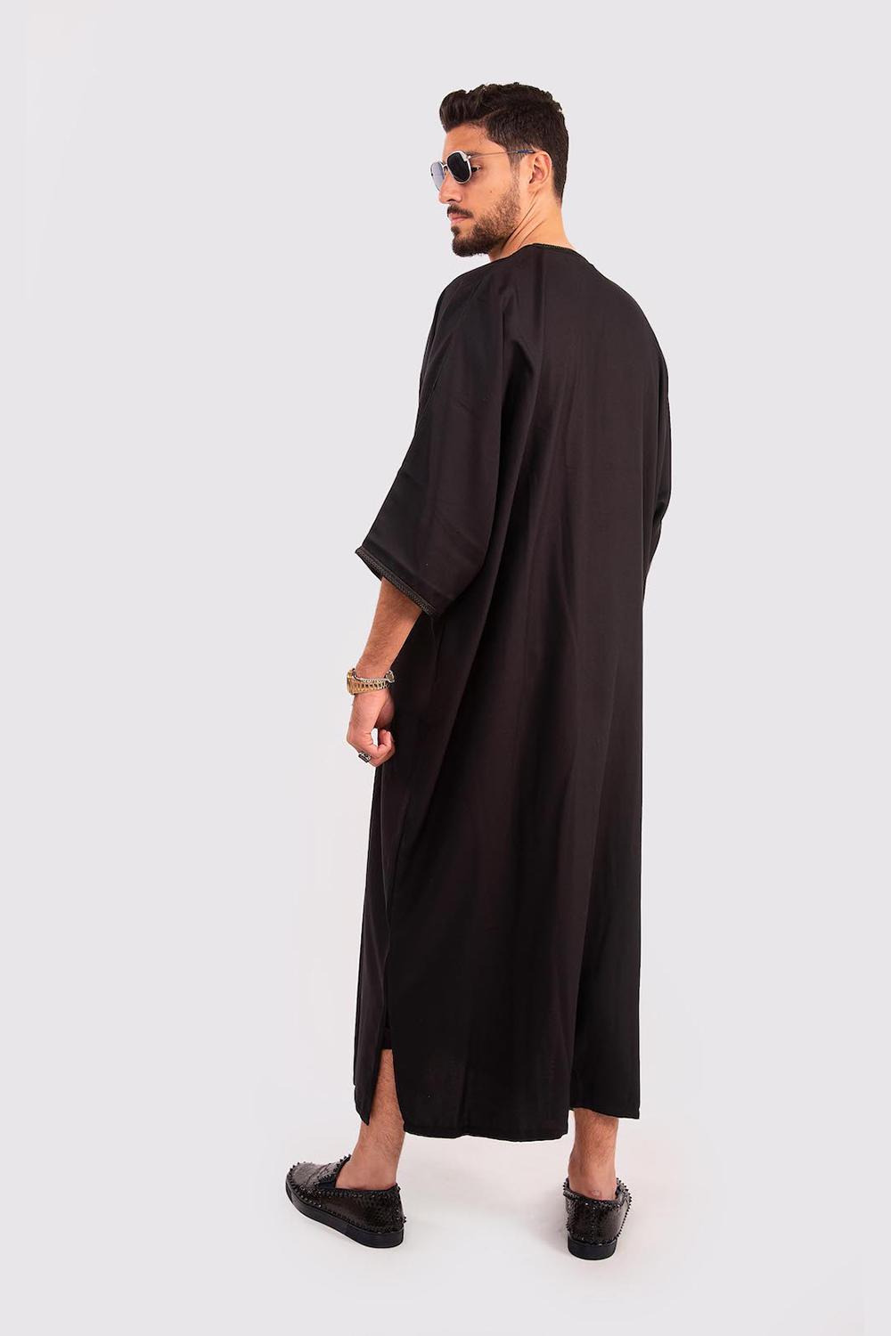 Gandoura Rais Men's Long Gandoura Robe Long Sleeve Thobe in Black