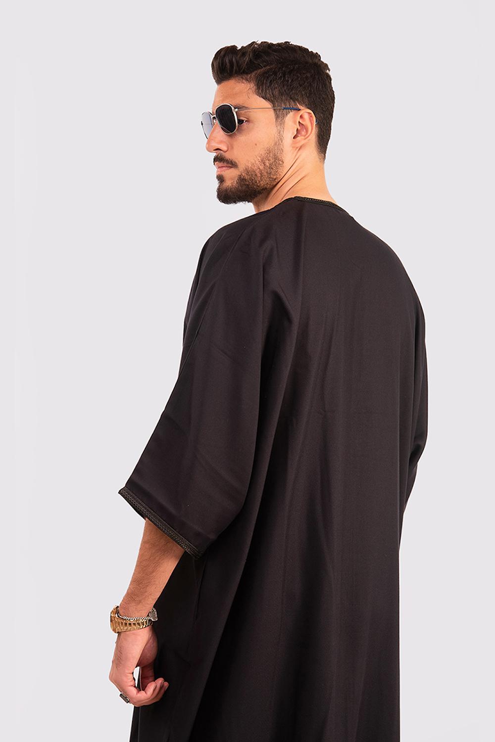 Gandoura Rais Men's Long Gandoura Robe Long Sleeve Thobe in Black