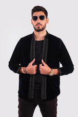 Bahar Men's Velour Embroidered Long Sleeve Jacket in Black