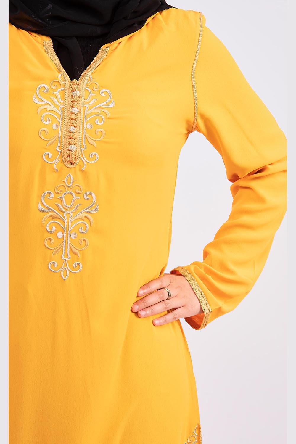 Djellaba Farah Long Sleeve Embroidered Hooded Maxi Dress Kaftan Abaya in Mustard