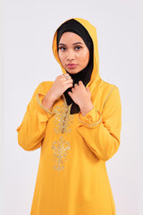 Djellaba Farah Long Sleeve Embroidered Hooded Maxi Dress Kaftan Abaya in Mustard