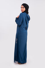 Djellaba Farah Long Sleeve Embroidered Hooded Maxi Dress Kaftan Abaya in Blue