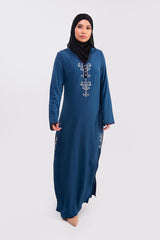 Djellaba Farah Long Sleeve Embroidered Hooded Maxi Dress Kaftan Abaya in Blue