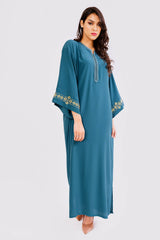 Kaftan Lila Embroidered Long Sleeve Maxi Dress Abaya in Petrol