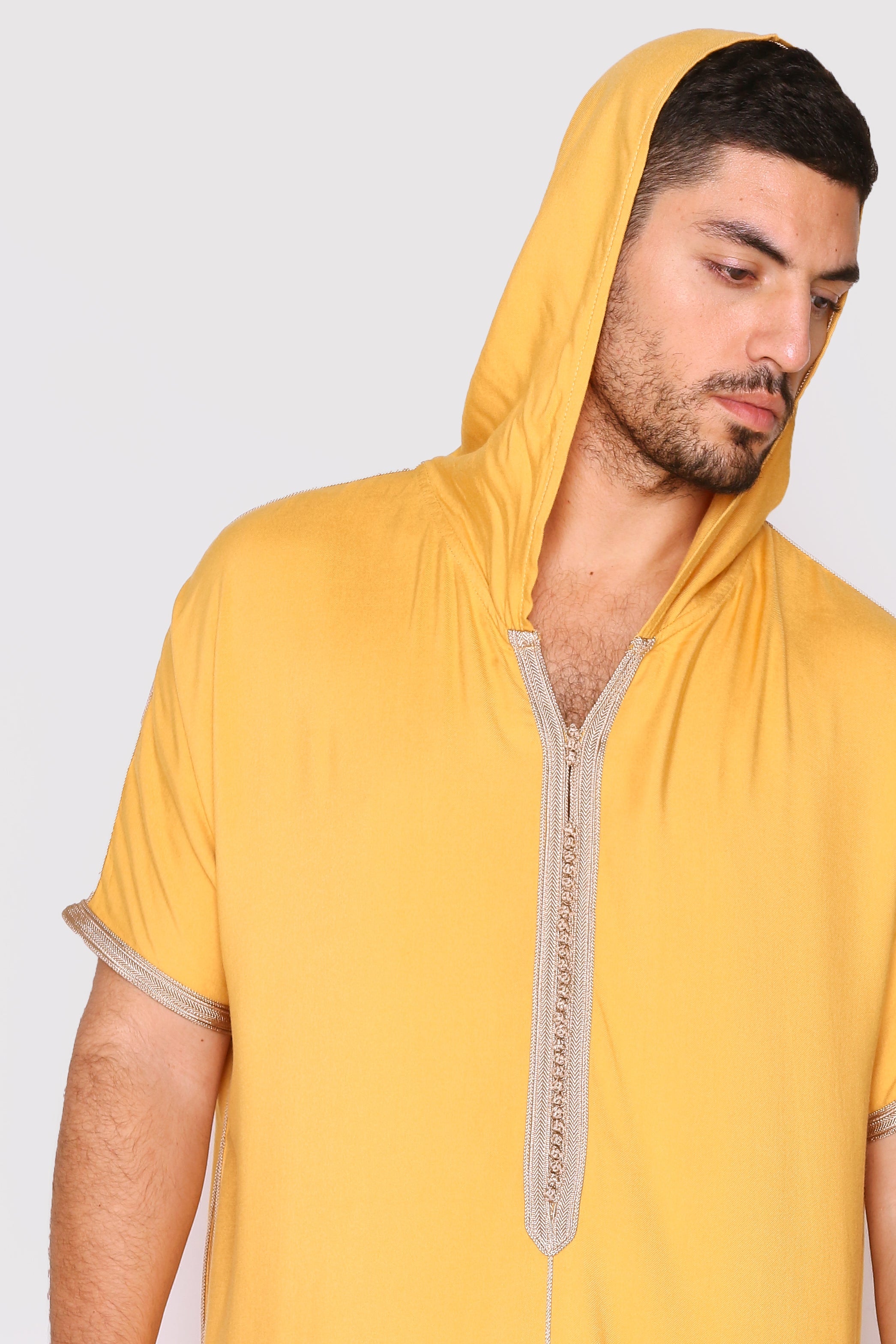 Gandoura Vanity Men's Hooded Short Sleeve Full-Length Robe Thobe in Mustard